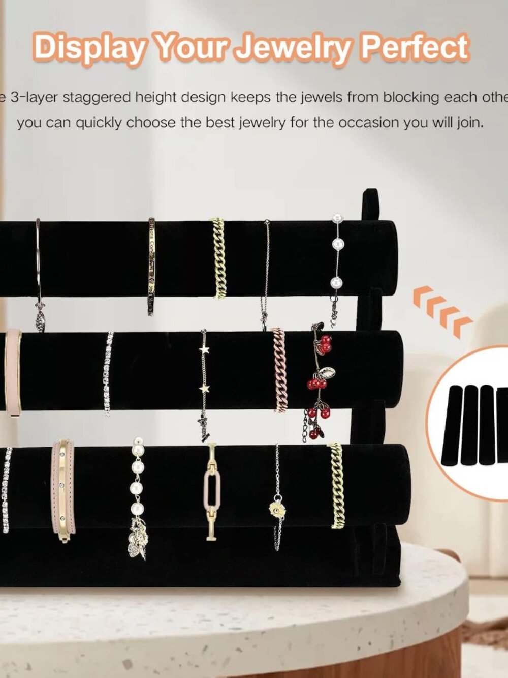 Velvet Bracelet Holder with 3 Tier Rack, Black Detachable Jewelry Display Stand - Picture 4 of 7